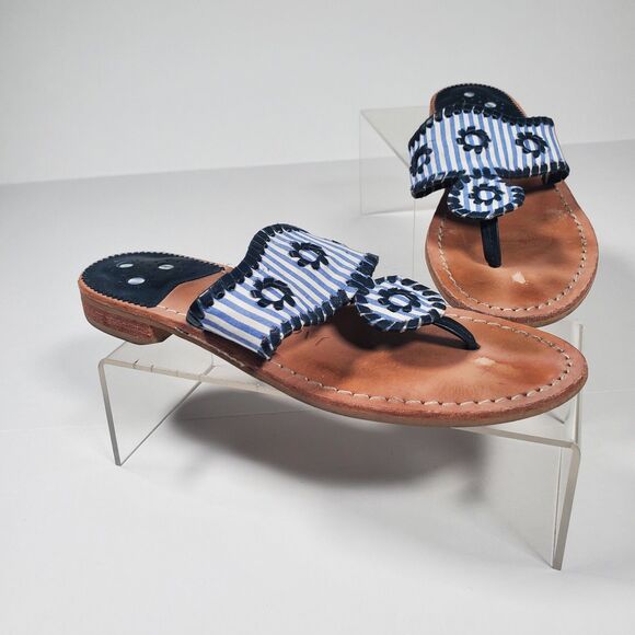 Jack Rogers Women’s Sandals Size 6.5 Blue White Pinstripe Leather Thong Flats - Picture 3 of 7